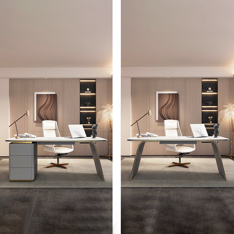 【デスク】テーブル 優雅なデザイン モダン ワークデスクの全体画像 ライトグレー