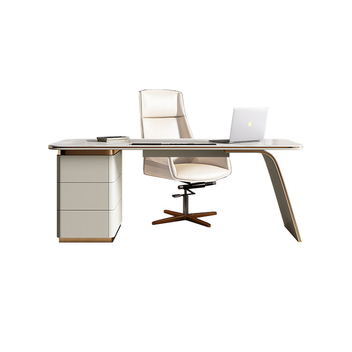 【デスク】テーブル 優雅なデザイン モダン ワークデスクの全体画像 オフホワイト テーブル+収納ボックス+チェア
