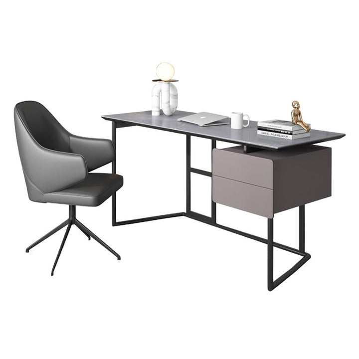 【デスク】テーブル モダン 現代感 ワークデスクの全体画像 グレー 右棚 テーブル+チェア