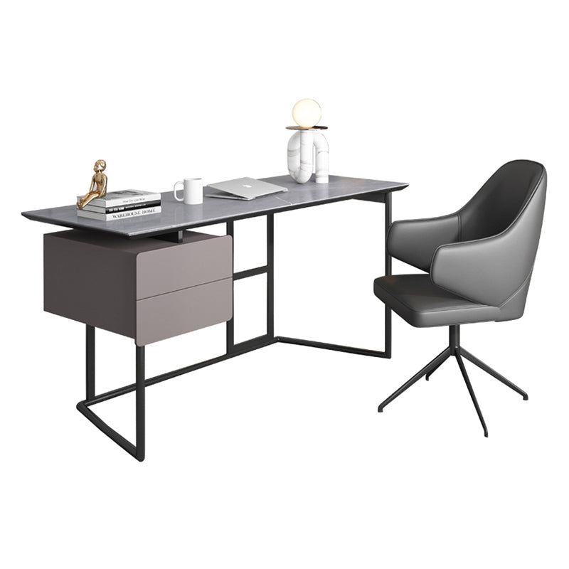 【デスク】テーブル モダン 現代感 ワークデスクの全体画像 グレー 左棚 テーブル+チェア