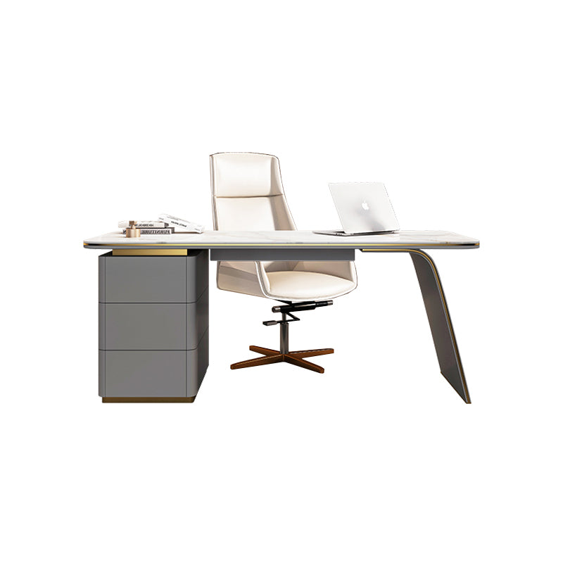 【デスク】テーブル 優雅なデザイン モダン ワークデスクの全体画像 ライトグレー テーブル+収納ボックス+チェア