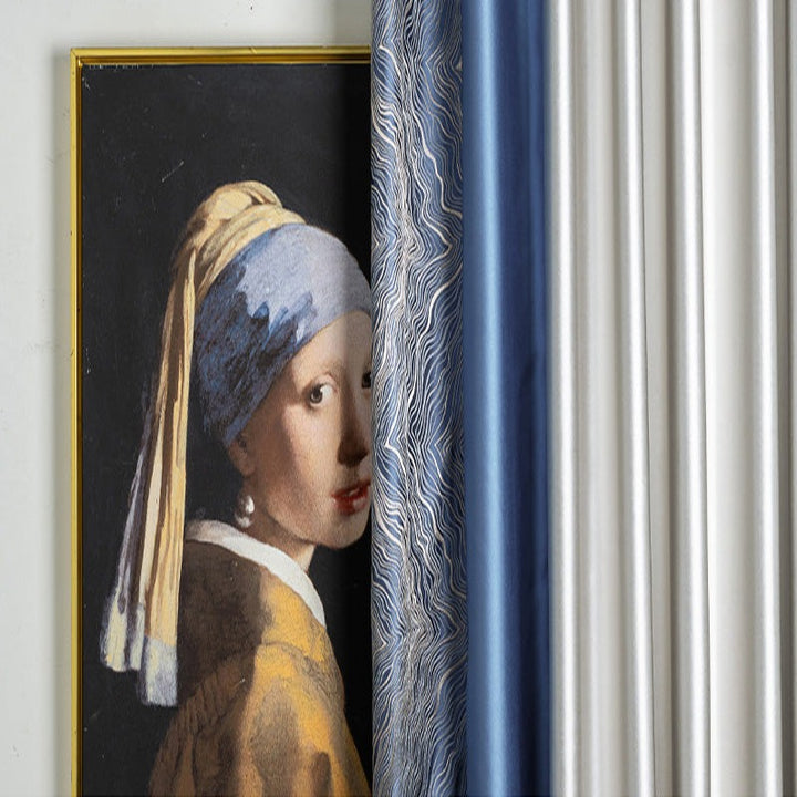 【ドレープカーテン】高級感フランス風 選べる8色 カーテンの細部画像 濃いブルー(柄付け)+濃いブルー+シルバー ポリエステル100% 遮光1級