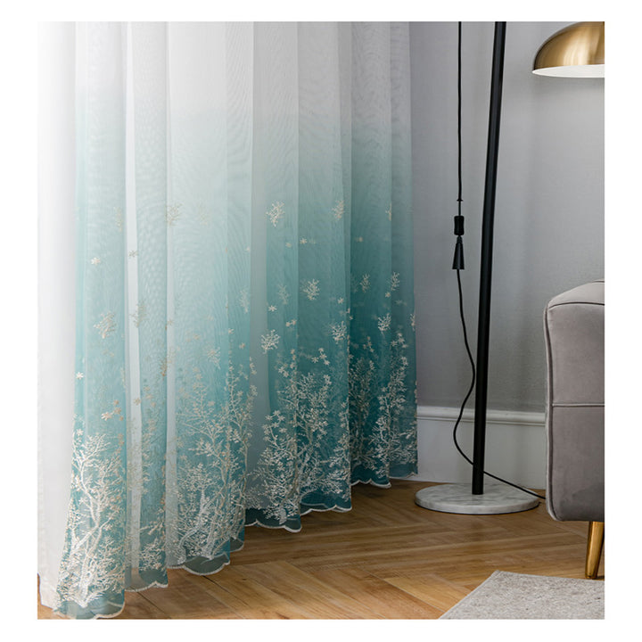 【レースカーテン】青い空霧雨 選べる4色 カーテンの細部画像 ホワイト+ブルー(柄付け) ポリエステル