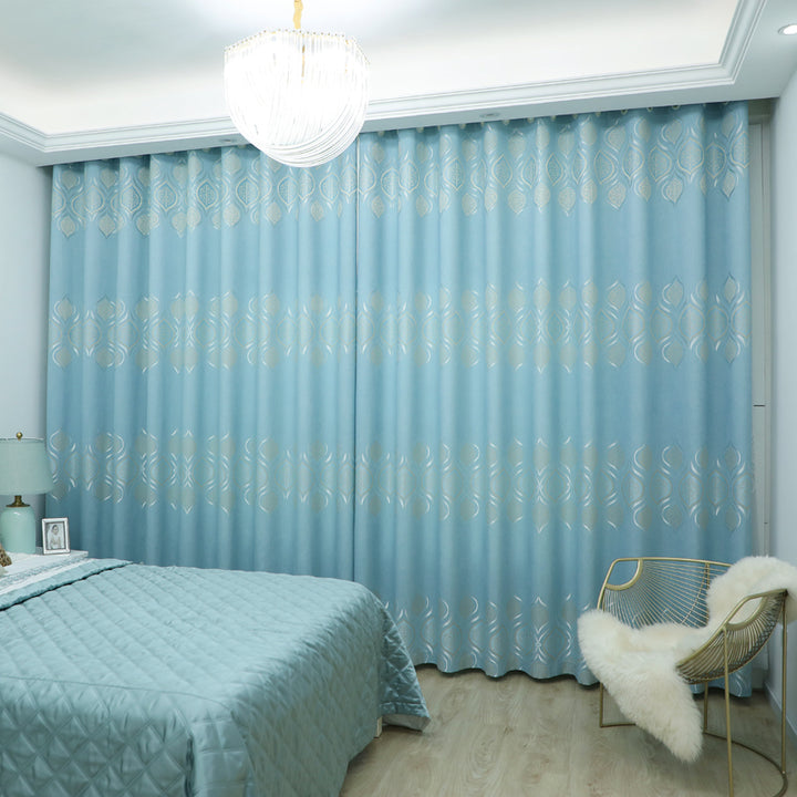 【ドレープカーテン】ジャガード織 選べる24色柄 ブルー(柄付け) ポリエステル 遮光1級 1.5倍ヒダ(2つ山)