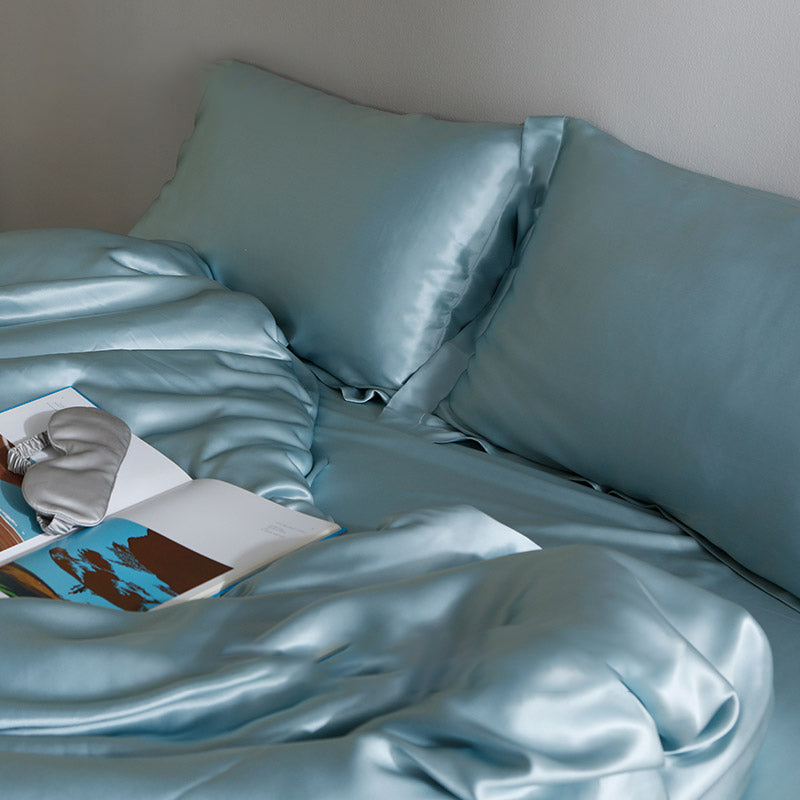 【16匁 】シルク寝具 シルク100% 天然 ツルツル 高級  寝具セット 純色 軽い贅沢 光沢 ブルー  ベッド用品 シーツカバー 単品からセットまで