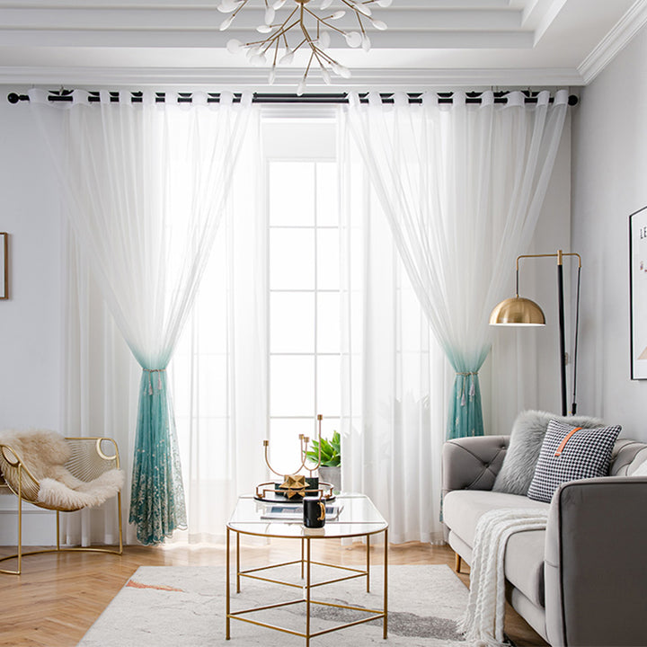 【レースカーテン】青い空霧雨 選べる4色 ホワイト+ブルー(柄付け) ポリエステル