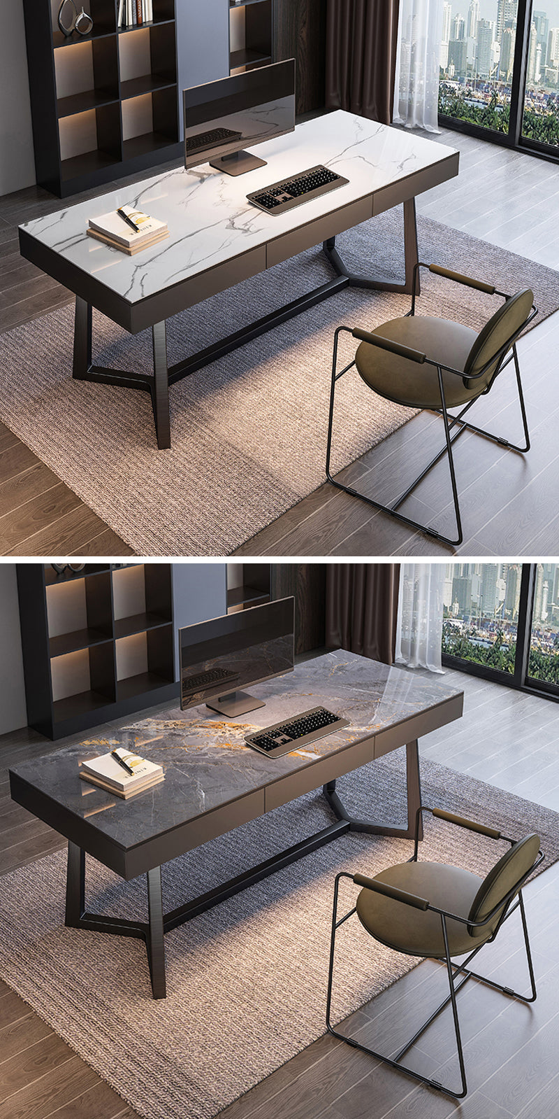 【デスク】テーブル モダン風　おしゃれなデスク 引き出し面材色グレー テーブル+B型椅子 天板色ホワイト＋天板色グレー