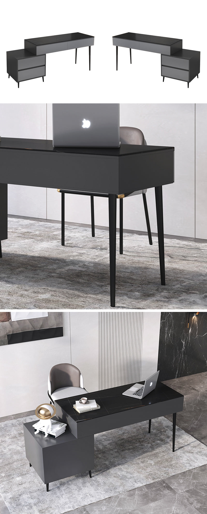 【デスク】テーブル 高級感 選べる2色 テーブル+収納ボックス+チェア 天板色ブラック