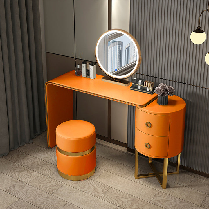 【ドレッサー】PUレザー柔らかい 選べる５色 テーブル 収納棚 椅子 LEDミラー オレンジ  100日間返品交換保証制度