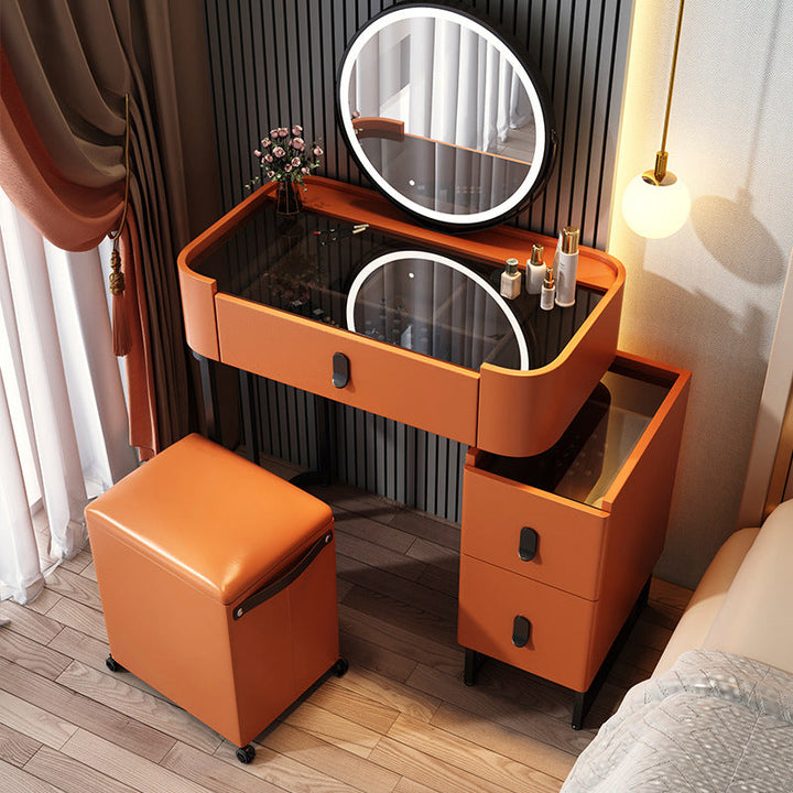 【ドレッサー】小型おしゃれ 選べる５色 テーブル 収納棚 椅子 LEDミラー オレンジ 横幅70 100日間返品交換保証制度