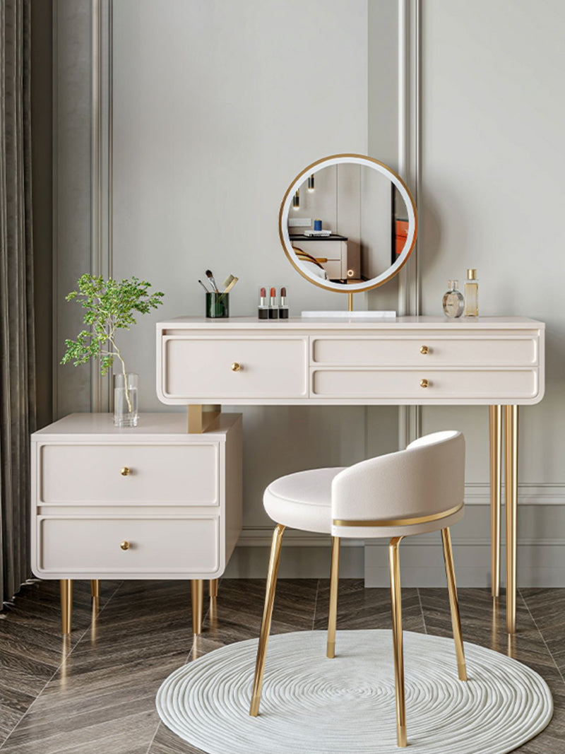 オシャレドレッサー　ベージュ　デスク引き出し3杯LEDミラー　椅子　棚4点セット オシャレ ドレッサー ベージュ デスク引き出し3杯LEDミラー椅子 棚4点