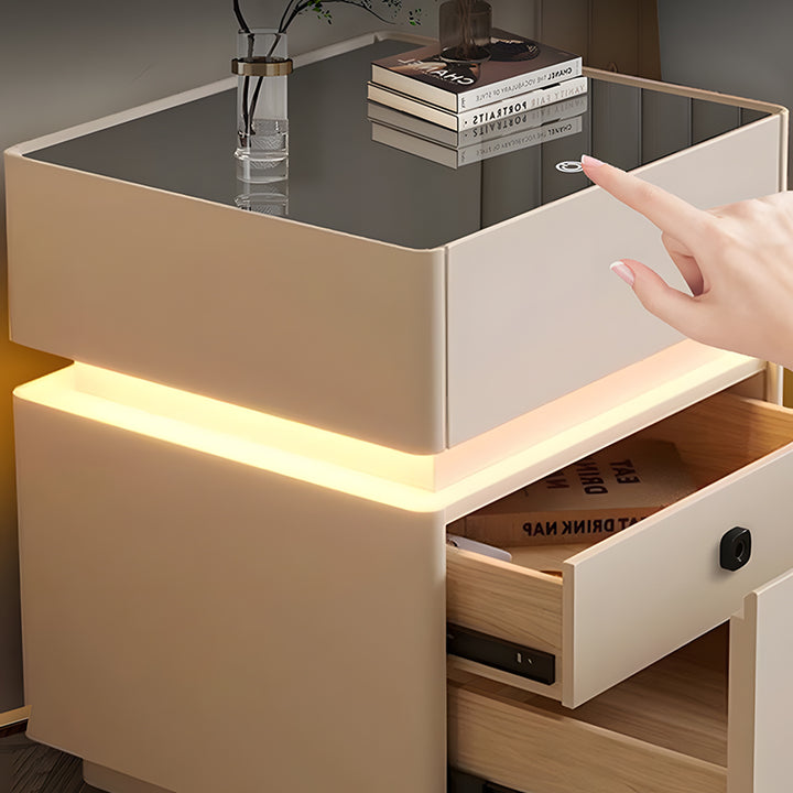 【ナイトテーブル】モダンデザイン 強化ガラス天板 LED間接照明