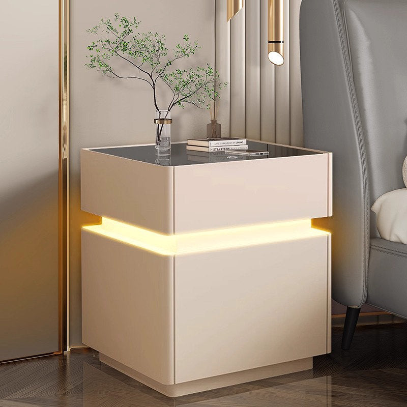 【ナイトテーブル】モダンデザイン 強化ガラス天板 LED間接照明