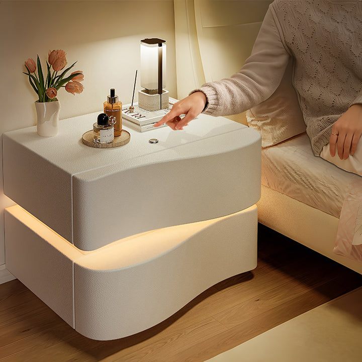 【ナイトテーブル】ウェーブデザイン PUレザー LED間接照明