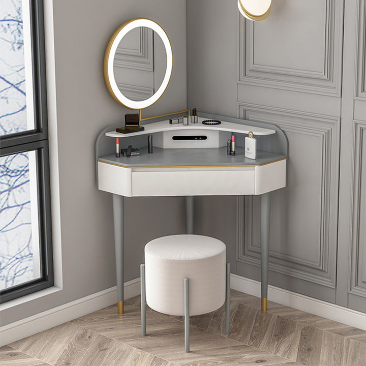 【ドレッサー】コンパクト２段式 1色のみ テーブル 椅子 LEDミラー ホワイト+グレー 100日間返品交換保証制度
