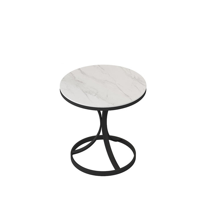 【サイドテーブル】マーブル模様ラウンド サイドテーブルの全体画像 板色ホワイト 脚色ブラック 安心の100日間返品交換保証