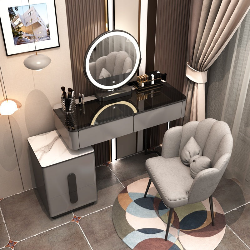 【ドレッサー】モダン風 選べる3色 テーブル 収納棚 椅子 LEDミラー グレー+ブラック 横幅100 100日間返品交換保証制度