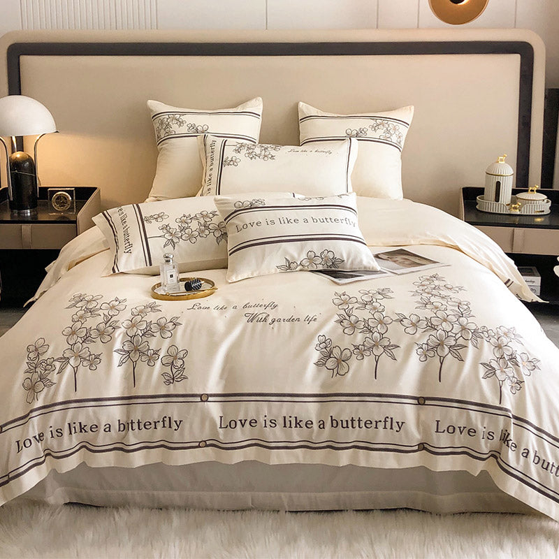 真綿100％ ベッド用品セット 北欧風 レトロ 肌に優しい 刺繡デザイン 4点セット