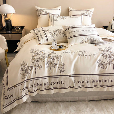 真綿100％ ベッド用品セット 北欧風 レトロ 肌に優しい 刺繡デザイン 4点セット