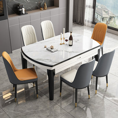 【ダイニングテーブル】 高級感 伸長式 天板厚み選べる ホワイト（灰柄） テーブル+椅子*6（ホワイト/オレンジ/グレー）