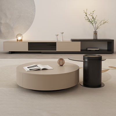 【ローテーブル】モダン 優雅なデザイン ブラック＋ベージュ 直径80ローテーブル+直径60サイドテーブル 100日間返品交換保証制度