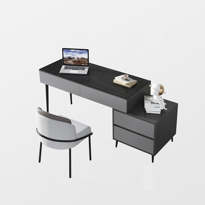 【ワークデスク】テーブル 高級感 選べる2色 ワークデスクの全体画像 天板色ブラック ボディ色グレー テーブル+収納ボックス+椅子