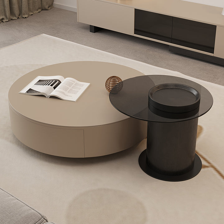 【ローテーブル】モダン 優雅なデザイン ブラック＋ベージュ 直径90ローテーブル+直径60サイドテーブル 100日間返品交換保証制度