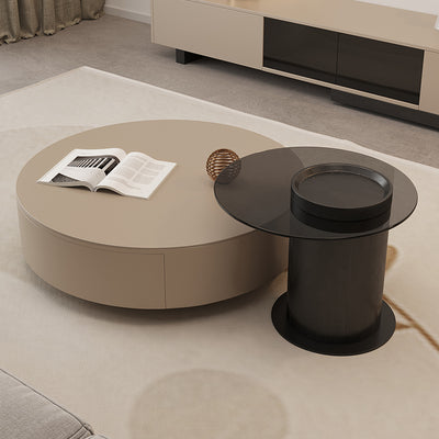 【ローテーブル】モダン 優雅なデザイン ブラック＋ベージュ 直径90ローテーブル+直径60サイドテーブル 100日間返品交換保証制度