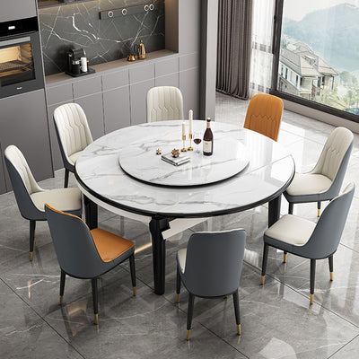 【ダイニングテーブル】 高級感 伸長式 天板厚み選べる ホワイト（灰柄） テーブル+椅子*8（ホワイト/オレンジ/グレー）