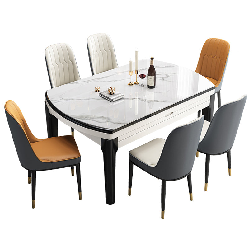 【ダイニングテーブル】 高級感 伸長式 天板厚み選べる ダイニングテーブルセットの全体画像 ホワイト（灰柄） テーブル+椅子*6（ホワイト/オレンジ/グレー）