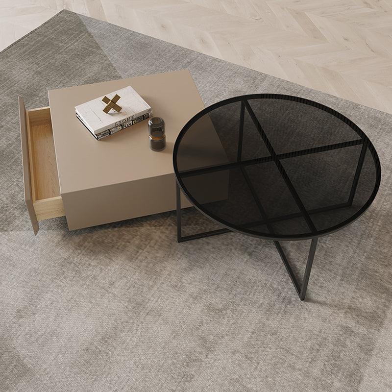 【ローテーブル】イタリア風 おしゃれなデザイン ブラック＋ベージュ 正方形テーブル直径70+円形テーブル直径80 100日間返品交換保証制度