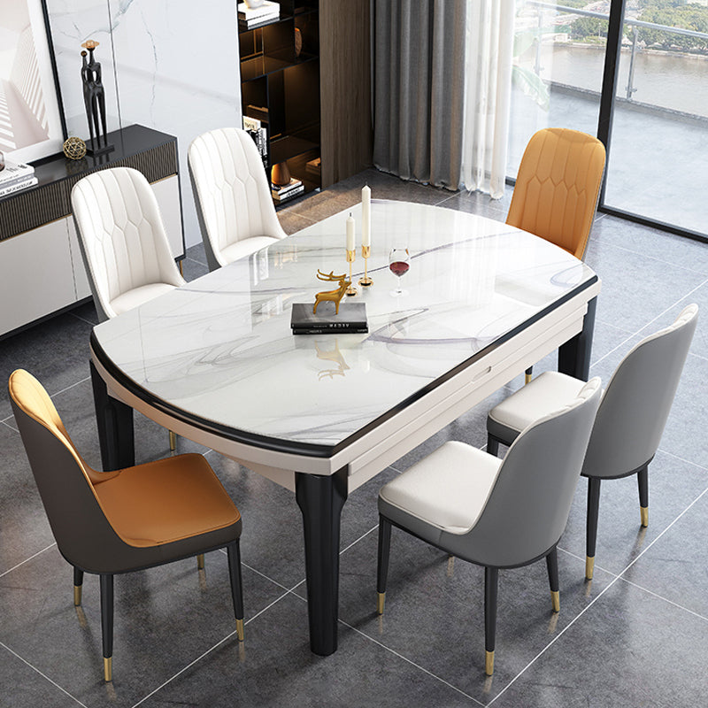 【ダイニングテーブル】 高級感 伸長式 天板厚み選べる ホワイト（灰柄） テーブル+椅子*6（ホワイト/オレンジ/グレー）