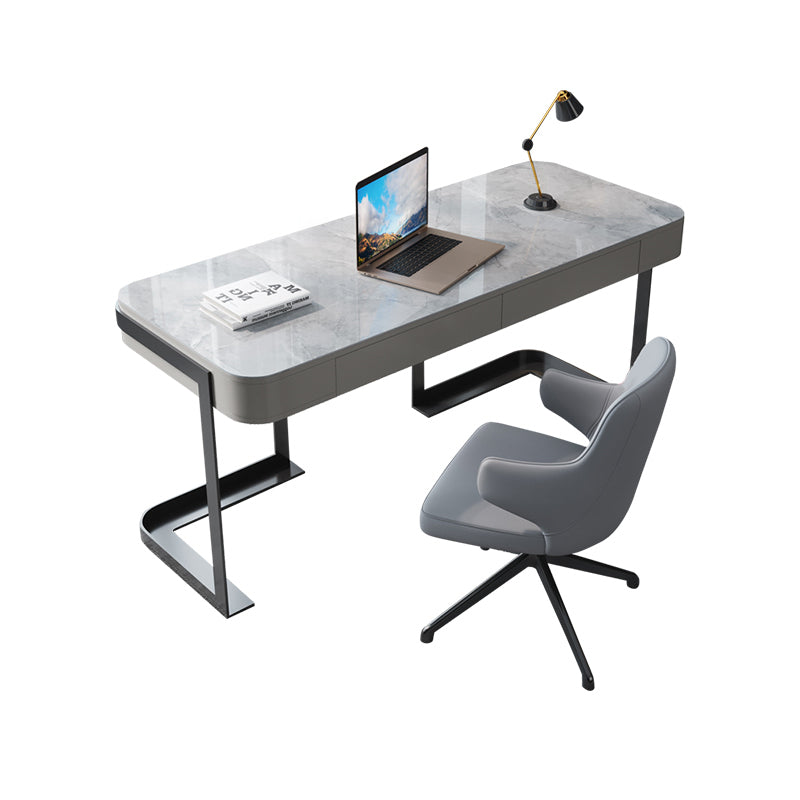 【ワークデスク】テーブル マーブル柄 グレー テーブル＋椅子 ワークデスクの全体画像 