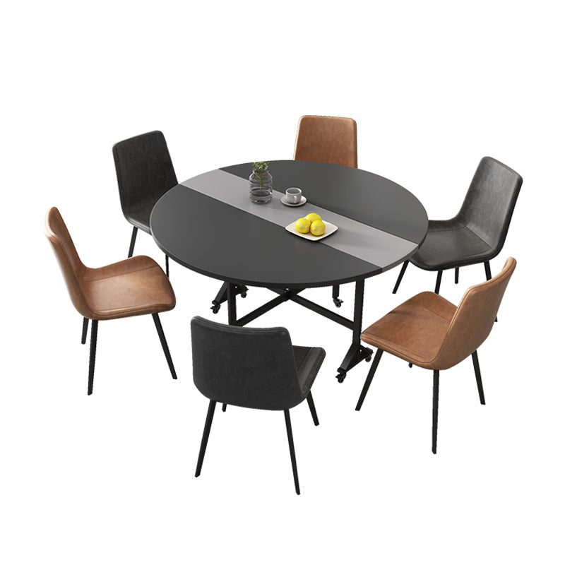 【ダイニングテーブル】シンプル 円型 伸長式 ダイニングテーブルセットの全体画像 ライトグレー＋グレー テーブル+椅子*6（グレー+オレンジ） 120*120*76