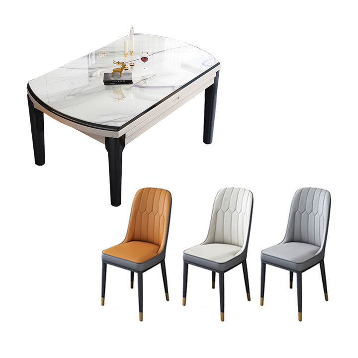 【ダイニングテーブル】 高級感 伸長式 天板厚み選べる ダイニングテーブルセットの全体画像 ホワイト（紫柄）