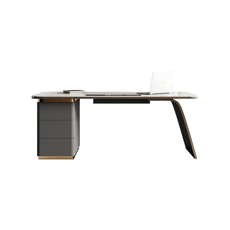 【デスク】テーブル 優雅なデザイン モダン ワークデスクの全体画像 ダークグレー テーブル+収納ボックス
