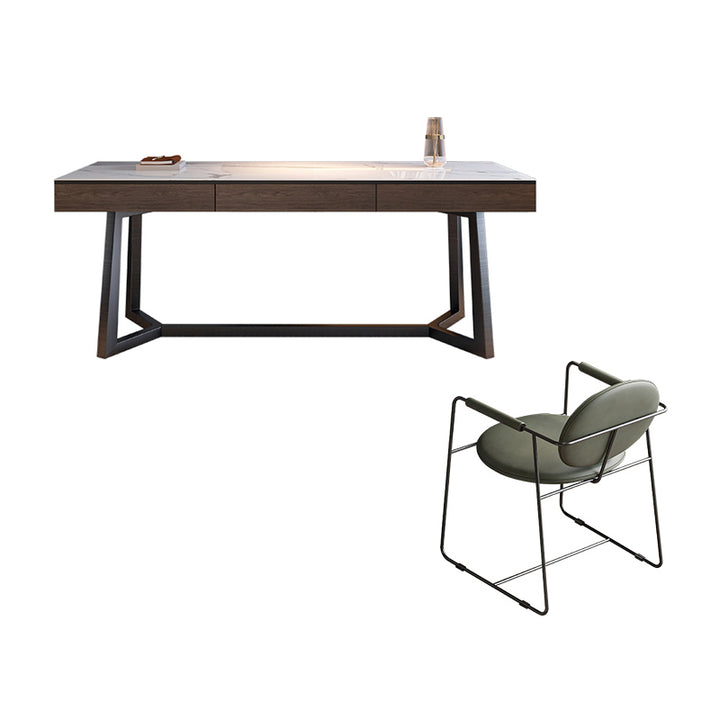 【デスク】テーブル モダン風　おしゃれなデスク 引き出し面材色アンバーチーク テーブル+B型椅子 天板色ホワイト