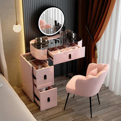 INDOORPLUS公式/ドレッサー おしゃれ 省スペース （LEDミラーおまけ付き）テーブル+収納ボックス+背もたれ椅子 ピンク