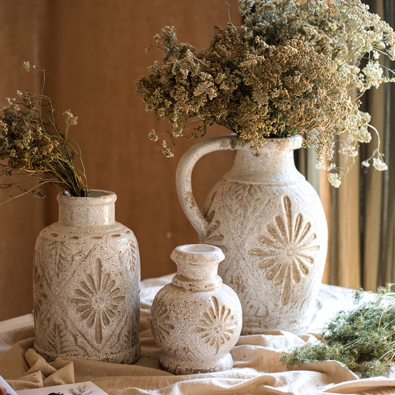 ビンテージ イタリア製 陶器製 耳付き 花柄 花瓶 花器 華道 フラワー
