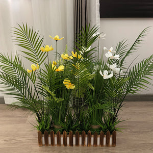 カラー: 50CM原木色木製フェンス+（白+黄）波斯菊花束+散尾葵